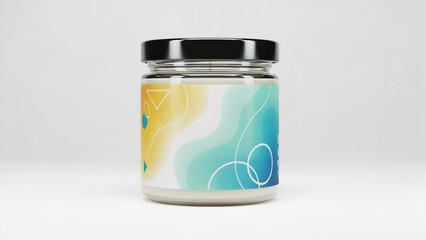 Cosmetic jar with abstract gradient label in modern minimal design style, teal and yellow colors, symbol of beauty product branding and clean presentation with space to copy