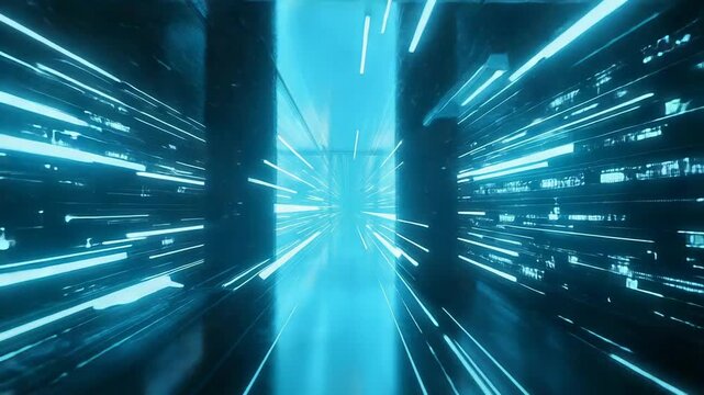 Digital data moving fast through cyberspace tunnel