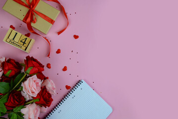 Valentine's Day gifts with red ribbons and heart decorations on a pink background. Perfect for romantic celebrations, love-themed events, and holiday promotions