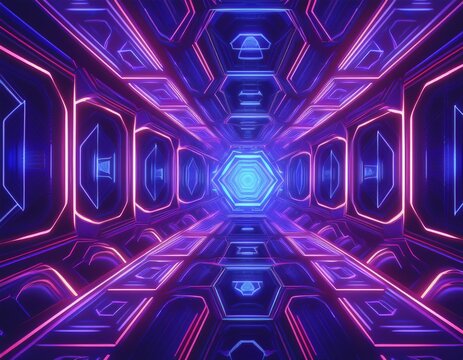 abstract kaleidoscopic background with luminous geometric patterns in neon colors - Powered by Adobe