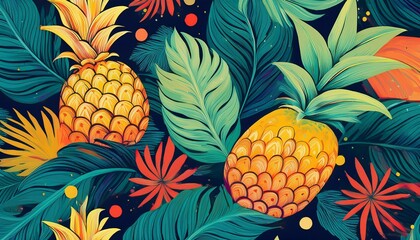 abstract tropical pattern with pineapple leaves and dots colorful design