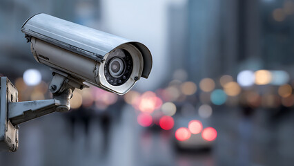 Sharp Focus on Urban Surveillance Camera Against Soft Bokeh City Traffic Lights