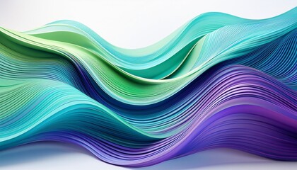 bold sweeping 3d lines in shades of blue green and purple form a cool wavy pattern against a crisp white background