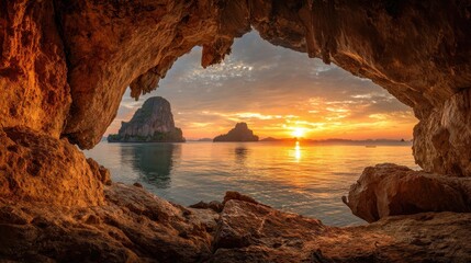 A stunning view of a sunset, framed by a cave opening, with islands in the distance and reflecting on the calm water