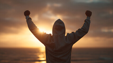 Victorious Silhouette: Hooded Figure with Raised Fists in Golden Sunset Glow
