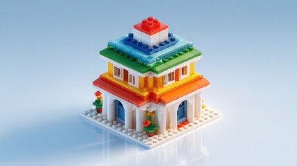 A vibrant and colorful house meticulously constructed from interlocking toy bricks, showcasing playful architecture