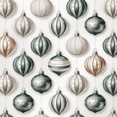 . Decorative background with Christmas ornament grid, silver and gold baubles, and holiday-themed surface on a light festive base for seasonal packaging and branding.