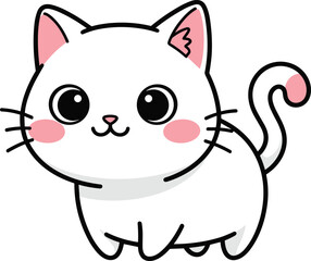 Adorable White Kitten Cartoon Character with Big Black Eyes and Pink Cheeks, Illustrated in a Cute Kawaii Style, Ideal for Kids and Pet Projects