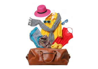 Brown leather travel bag overflowing with colorful summer clothing and accessories on transparent background