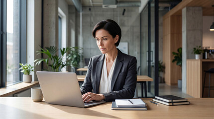 Fototapeta premium Business woman working on laptop in modern office interior