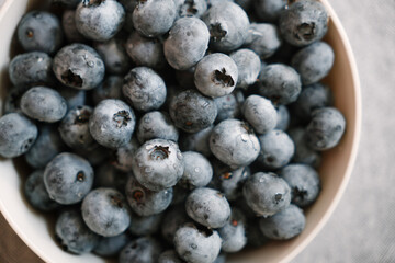 Plate with fresh ripe blueberry close up. Sweet dark blue berries with drops of water. Harvest of summer fruits