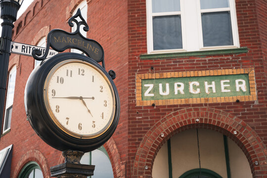 An old-fashioned street clock in Walt Disney&rsquo;s hometown, Marceline, Missouri, August 2025