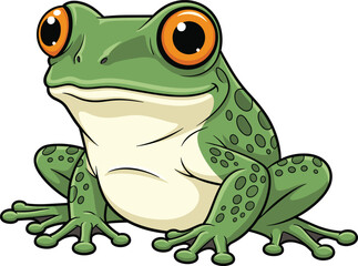 Friendly and Detailed Cartoon Illustration of a Green Frog with Large Orange Eyes, Ideal for Nature, Wildlife, Kids, and Pond Life Designs
