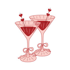 Romantic cocktail glasses with heart picks and ribbons. Cute Valentine drink symbol for festive designs.