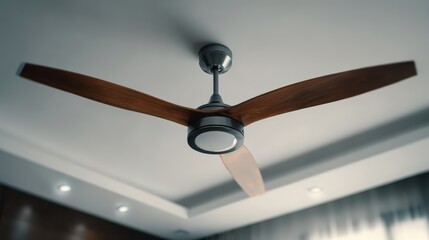 A ceiling fan with three wooden blades, providing a refreshing breeze in a room, and light on the lower part