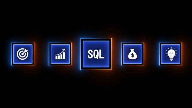 Glowing Neon Icons Representing Business Goals Growth SQL Money And Innovation On Dark Background structured query language