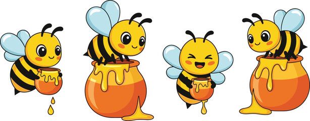 Naklejka premium Set of Four Cute Kawaii Cartoon Bees Flying, Holding, and Sitting on Dripping Honey Pots, Ideal for Sweet Food, Kids, and Nature Concepts