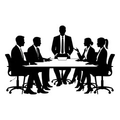 Silhouette outline of five business professionals engaged in a serious discussion around a conference table representing corporate strategy and executive teamwork in a minimalist style