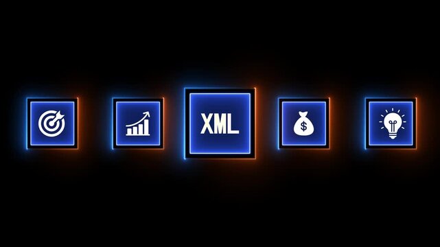 Glowing Neon Icons Representing Business Goals Growth XML Money And Innovation On Dark Background extensible markup language