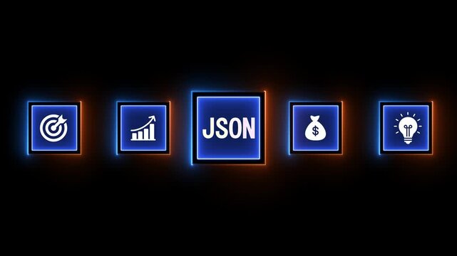 Five glowing neon icons on a dark background representing business and technology concepts image photo
