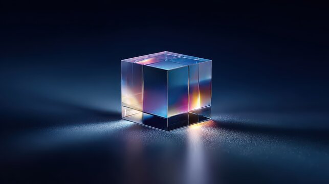 A captivating clear cube showcasing a stunning display of light refraction. The cube is positioned on a dark blue surface, with the interplay of light and shadow