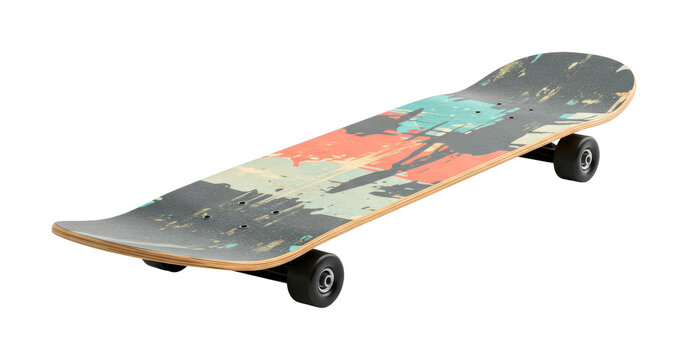 Fototapeta Modern skateboard with a vibrant abstract grunge design showcasing its unique graphic art and durable construction for urban sports and recreation.