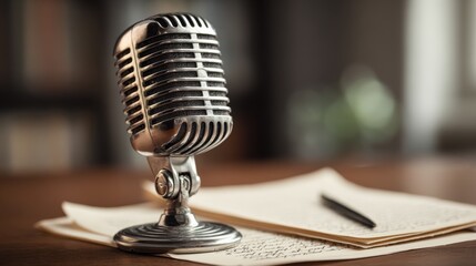 A vintage microphone sitting on a wooden desk with paper and pen ready for recording. This image evokes feelings of nostalgia and creativity