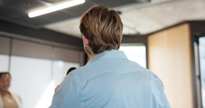 Advice, business and microphone with motivational speaker man in office for life coaching. Crowd, inspiration and speech with person in workplace for employee development, pep talk or support