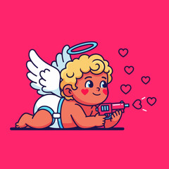 Cute cartoon Cupid aiming a love blaster, surrounded by floating hearts on a bright pink background. Perfect for Valentine&rsquo;s Day, romance themes, and adorable character illustrations.