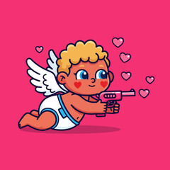 Cute cartoon Cupid aiming a love blaster, surrounded by floating hearts on a bright pink background. Perfect for Valentine&rsquo;s Day, romance themes, and adorable character illustrations.