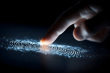 Finger touching illuminated fingerprint scan for technology and security concepts