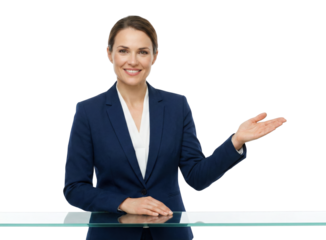 Businesswoman presenting with open palm at glass table. Corporate presentation concept