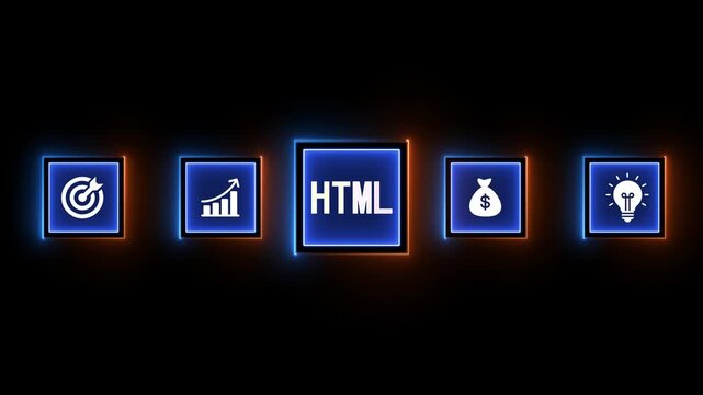 Five glowing neon icons on a dark background representing business and technology concepts image photo