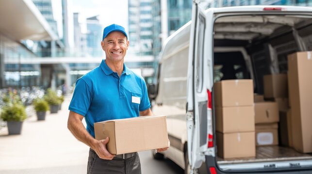 A delivery person happily holding a package next to a van full of packages. Delivery of a package during the day, a portrait of a courier