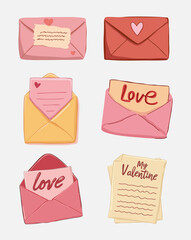 Valentine Love Letters and Envelopes. Cute Vector Illustration.