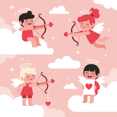Cute cartoon cupids with bows, arrows, and heart symbols floating on pink clouds. A sweet Valentine-themed illustration perfect for love, romance, and holiday microstock designs.