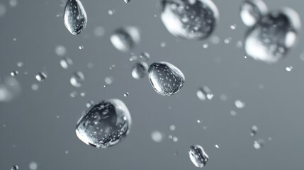 Close-up view of water drops falling in a captivating display. The crystal-clear droplets suspended against a plain background, exuding freshness and purity