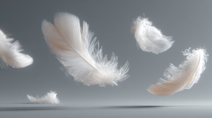 Obraz premium Delicate white feathers floating gracefully against a serene backdrop