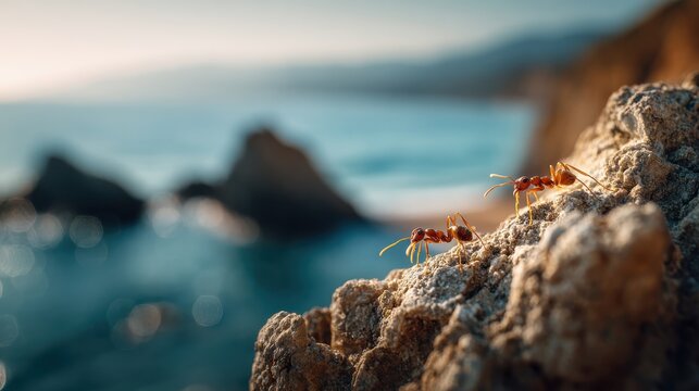 A fascinating view of ants and rocks with the ocean in the distance