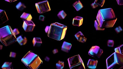 Floating cubes in vibrant colors against a dark backdrop create a mesmerizing visual experience. Each cube reflects light, offering a captivating interplay of color and form