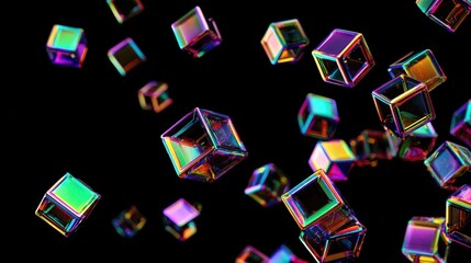 Abstract illustration of iridescent cubes floating in a dark space. Each cube exhibits a spectrum of colors, suggesting a sense of depth and dimension.