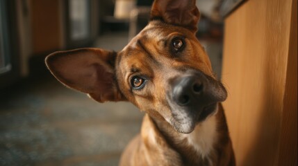 Obraz premium A dog tilts its head while facing the camera in a home living room during the afternoon. The background shows soft lighting and wooden furniture.