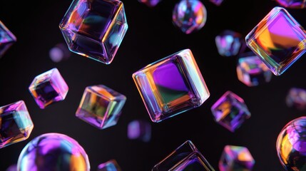 A collection of abstract, multi-colored geometric shapes floating against a dark background, a modern aesthetic 