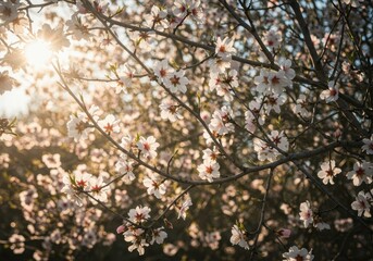 Fototapeta premium Sunlight filters through lush branches heavy with beautiful white and pink almond blooms in a peaceful spring garden setting, pastel, tree, beauty