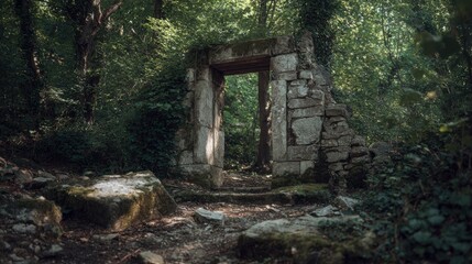 Ancient Stone Archway in a Dense Forest, a Mystical Portal in Nature's Embrace