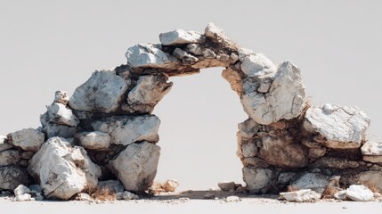 A rustic stone archway standing alone in an arid landscape. The arch is composed of roughly hewn stones.