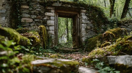An old stone doorway, shrouded in a lush, mossy forest. The stone walls, door frame, and the verdant foliage, creates a rustic, timeless aesthetic