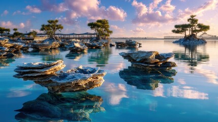 Scenic view of trees and rocks in a tranquil lake under a vibrant sky. The reflection of the trees and clouds in the water creates a serene atmosphere. 