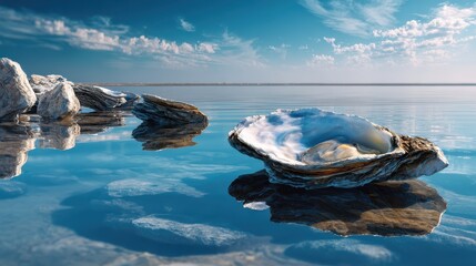 A close-up shot of an oyster shell with a pearl resting inside, sitting on the tranquil water surface, with rocks. Reflecting the calm sky in the water