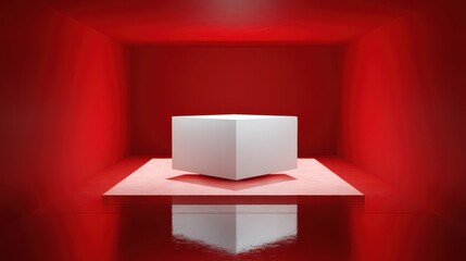 A modern minimalist white cube displayed on a glowing platform inside a bright red room, creating a sense of curiosity. 